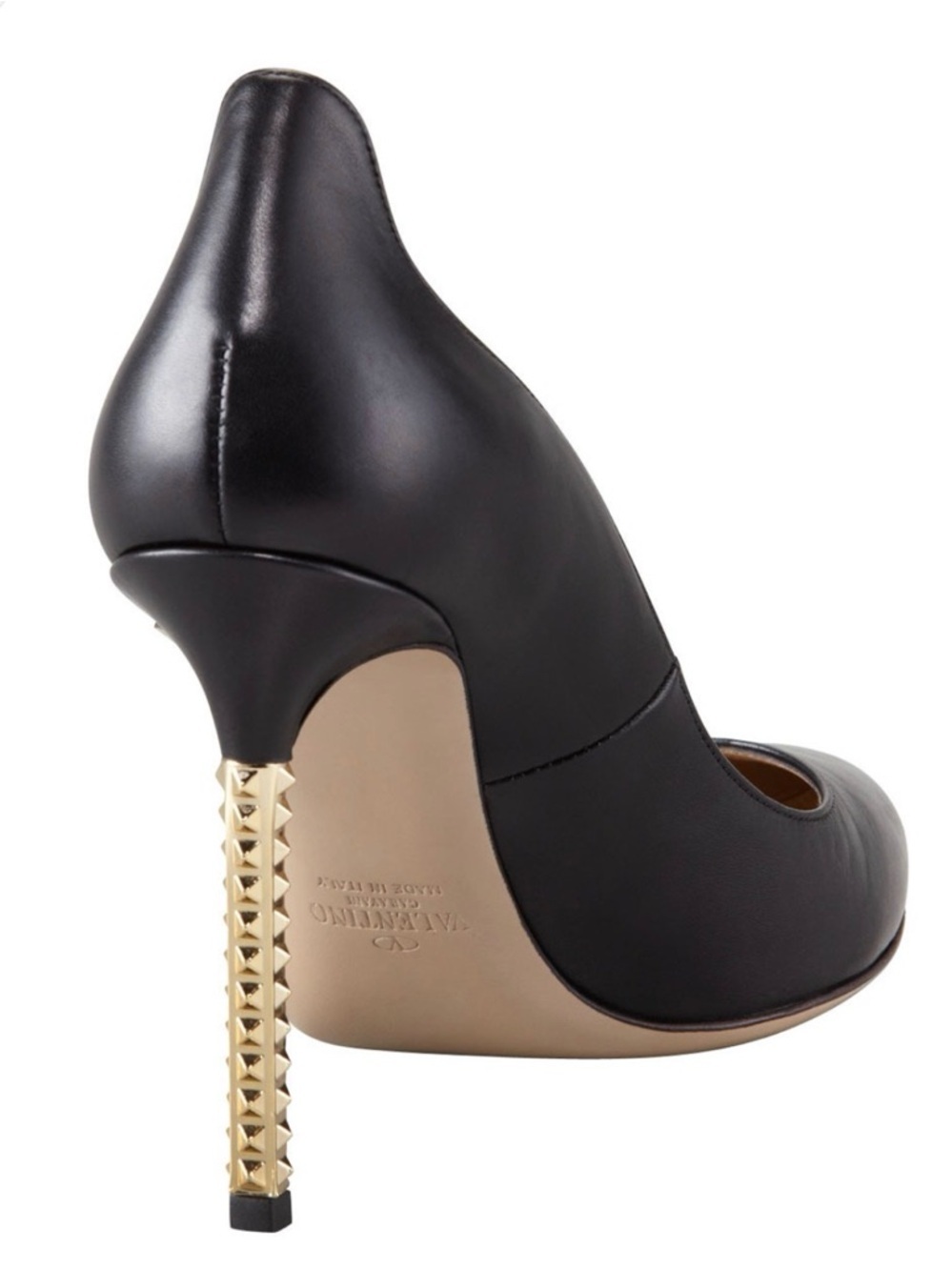 Valentino Garavani Nappa Black Leather Pointed Pumps with Gold Stud Heel